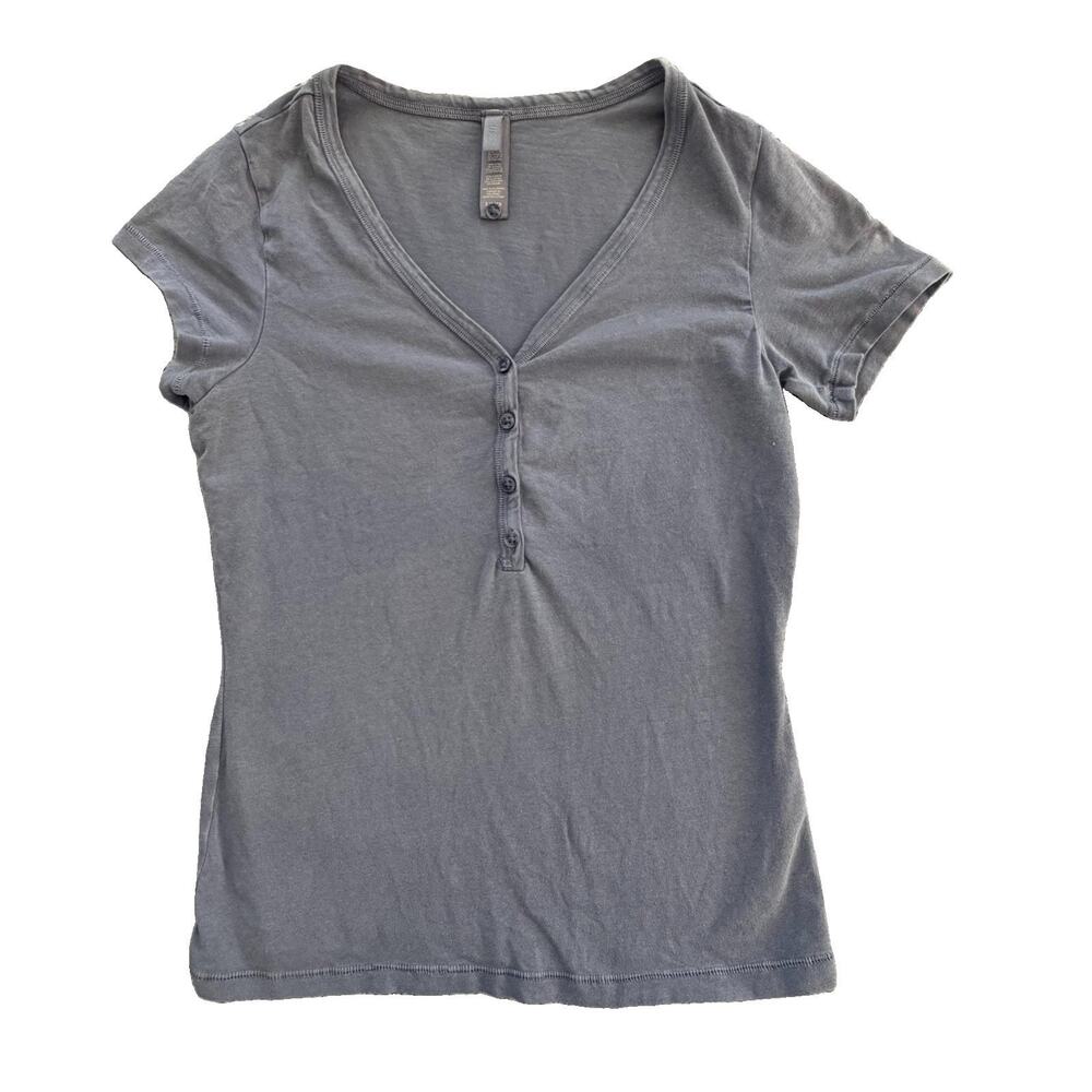 SKIMS Blue Grey V-Neck Henley Stretch Shirt Womens S Small EUC
